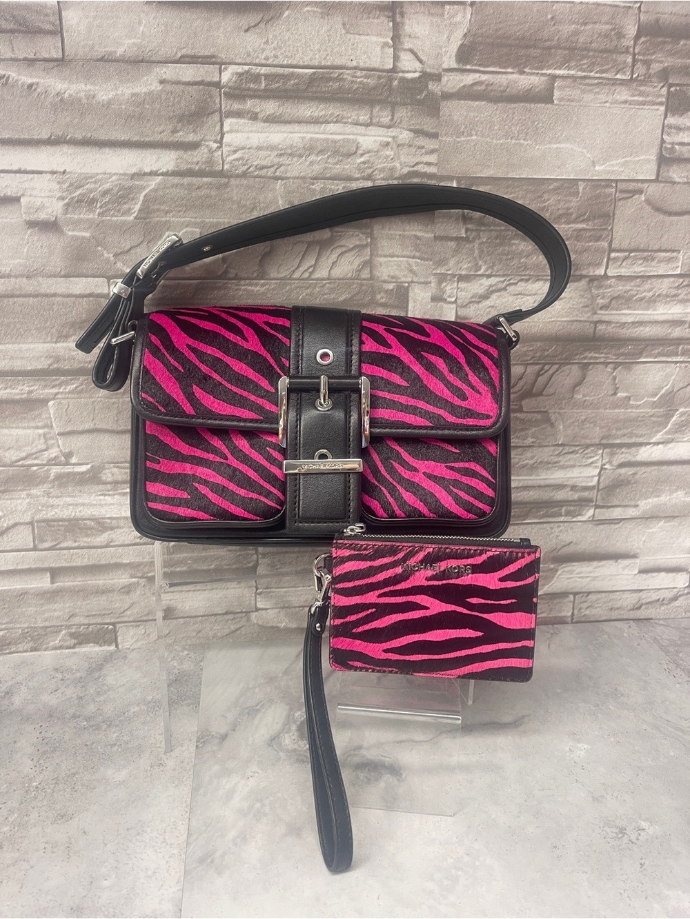 Michael Kors Colby Hot Pink Zebra Stripe Bag & Matching Wallet Calf Hair Cerise